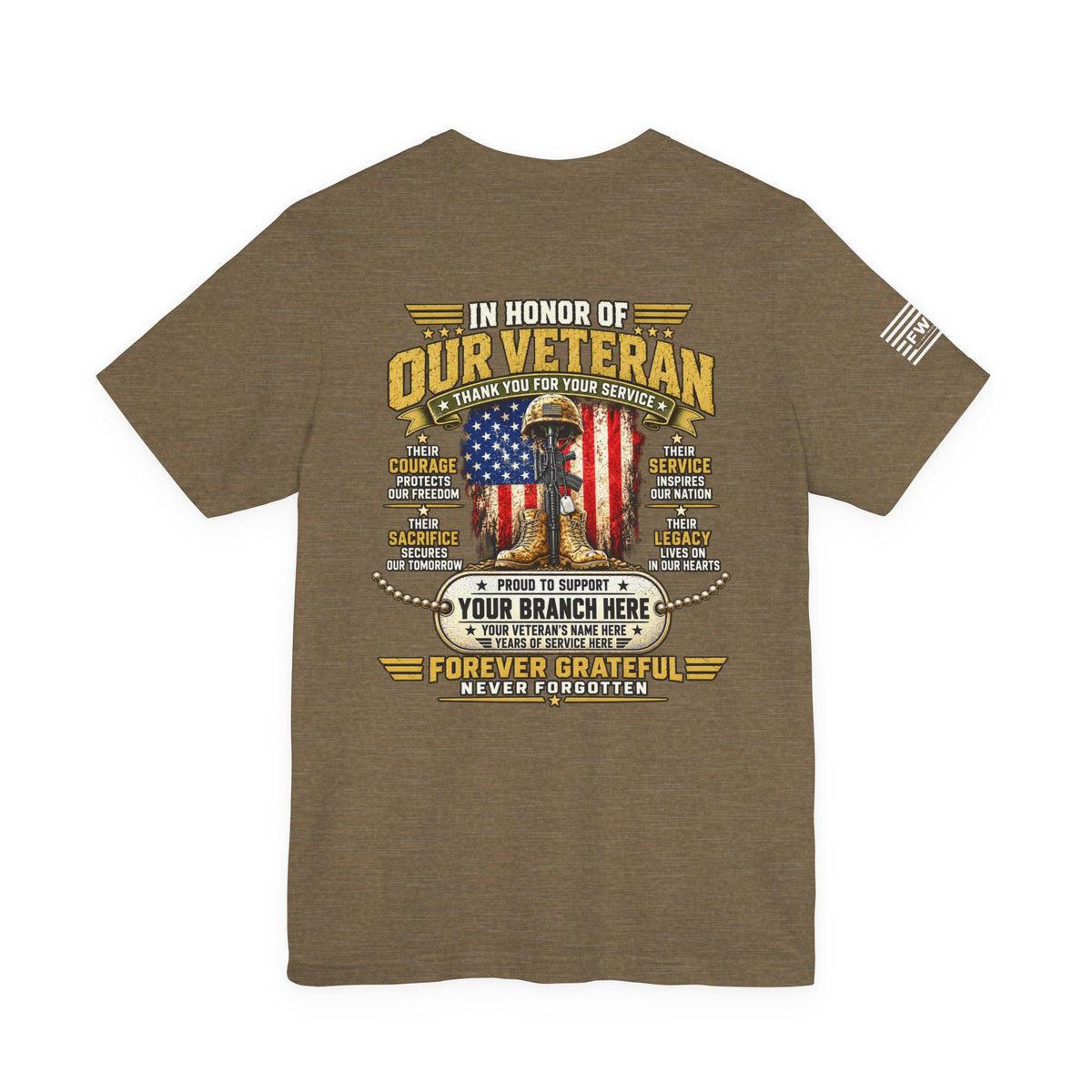 In Honor of Our Veteran Personalized T-Shirt – Custom Military Branch & Veteran Name Support Tee