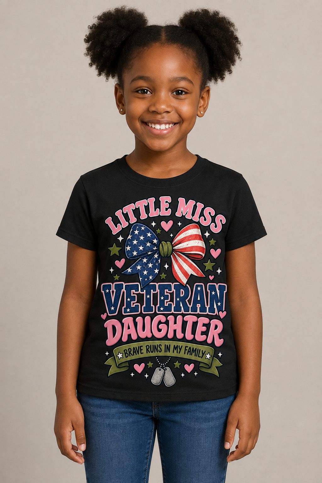 Little Miss Veteran Daughter Shirt, Brave Runs in My Family Kids Tee