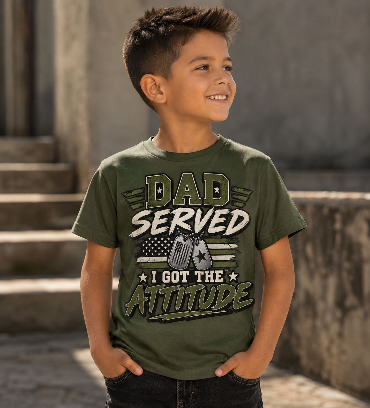 Dad Served. I Got the Attitude Boy Tee. Son of a Veteran Shirt for Boys, Proud Military Kid T Shirt, Veteran Dad Son Tee, Military Family Gift, Patriotic Youth Shirt, Veteran Family