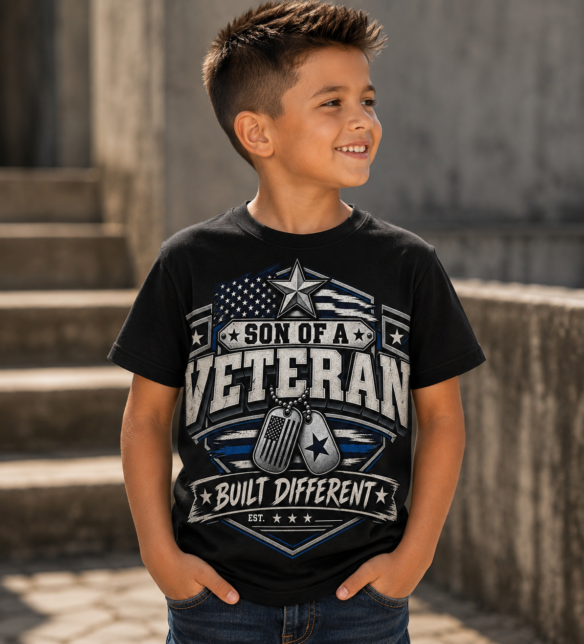 Son of a Veteran. Built Different. Son of a Veteran Shirt for Boys, Proud Military Kid T Shirt, Veteran Dad Son Tee, Military Family Gift, Patriotic Youth Shirt, Veteran Family