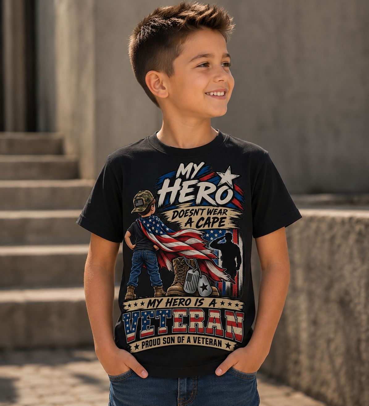 My Hero Doesn't Wear a Cape. My Hero is a Veteran. Son of a Veteran Shirt for Boys, Proud Military Kid T Shirt, Veteran Dad Son Tee, Military Family Gift, Patriotic Youth Shirt, Veteran Family