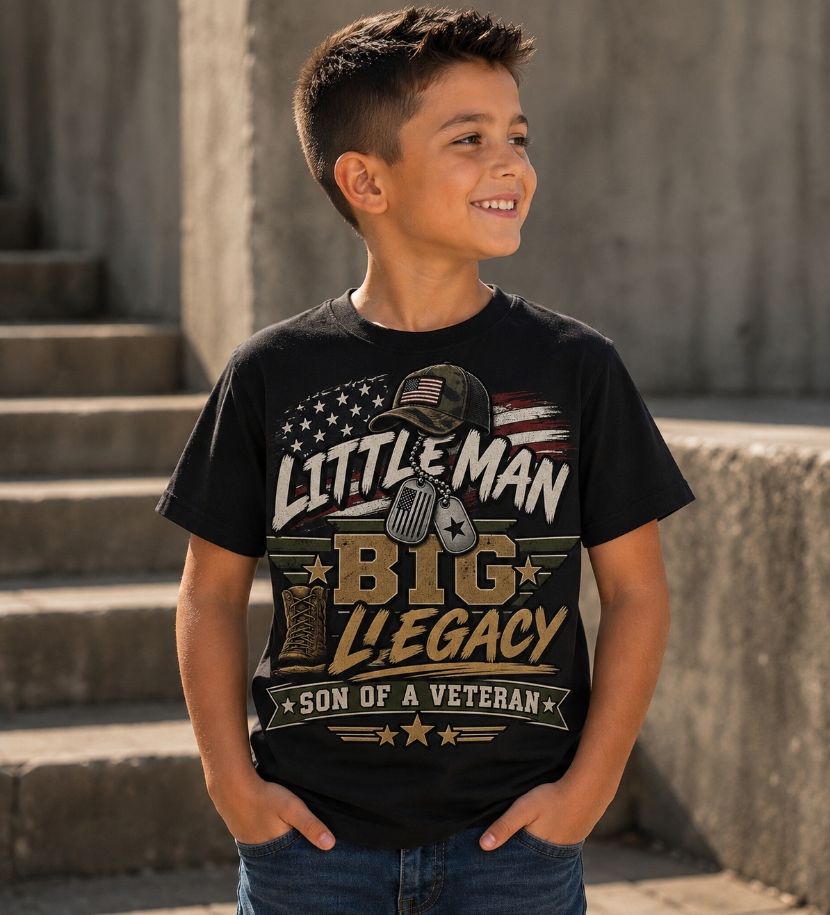 Little Man. Big Legacy. Son of a Veteran Shirt for Boys, Proud Military Kid T Shirt, Veteran Dad Son Tee, Military Family Gift, Patriotic Youth Shirt, Veteran Family