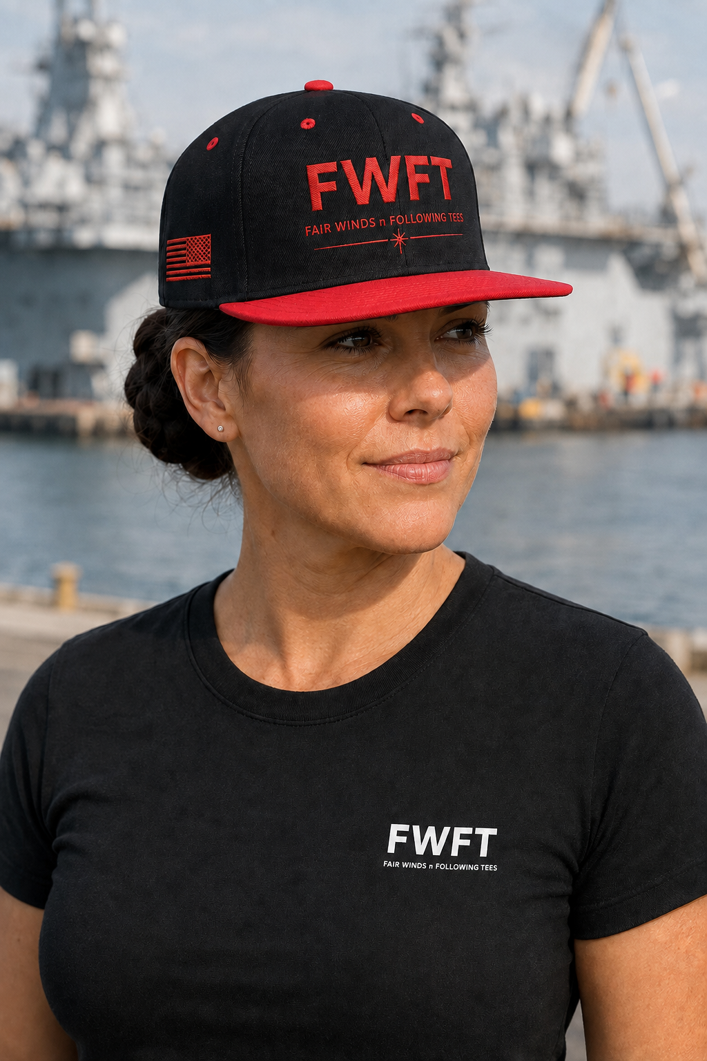 FWFT Logo Hat, Fair Winds & Following Tees Snapback, Navy Veteran Inspired Cap, Flat Bill Military Hat, Streetwear Veteran Brand
