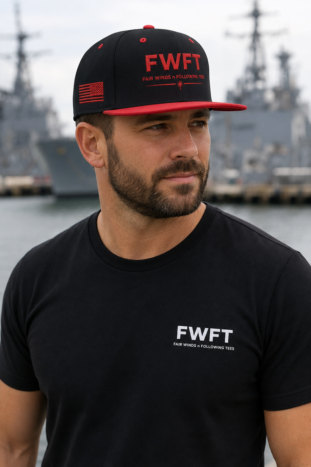 FWFT Logo Hat, Fair Winds & Following Tees Snapback, Navy Veteran Inspired Cap, Flat Bill Military Hat, Streetwear Veteran Brand