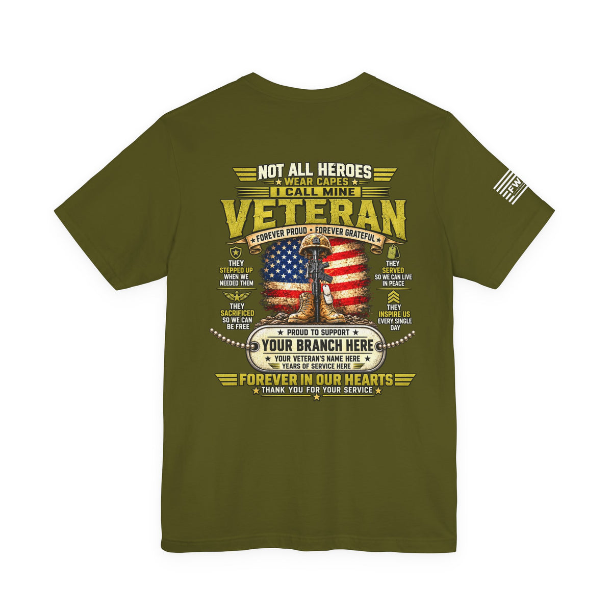 Not All Heroes Wear Capes Personalized Veteran T-Shirt – Custom Military Branch, Name & Service Years Support Tee