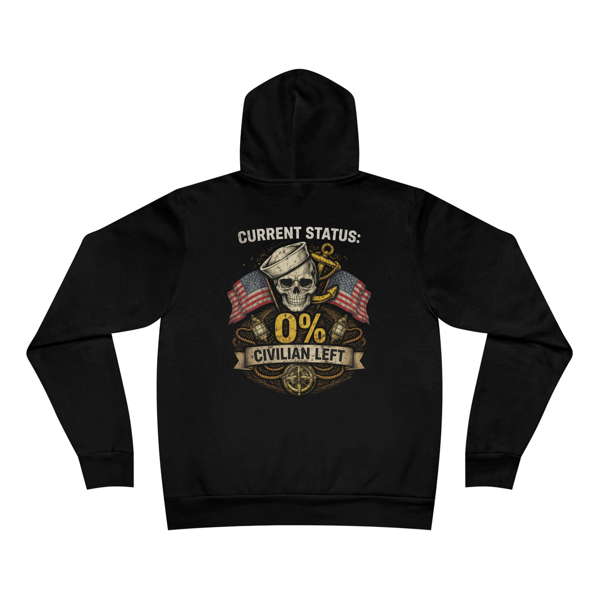 Current Status 0% Civilian Left Hoodie – Navy Skull Military Veteran Graphic Sweatshirt