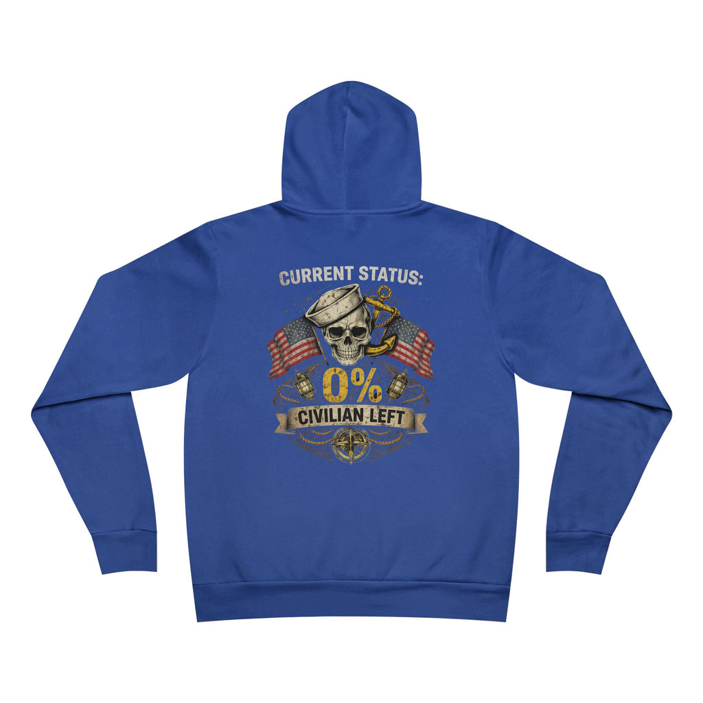 Current Status 0% Civilian Left Hoodie – Navy Skull Military Veteran Graphic Sweatshirt