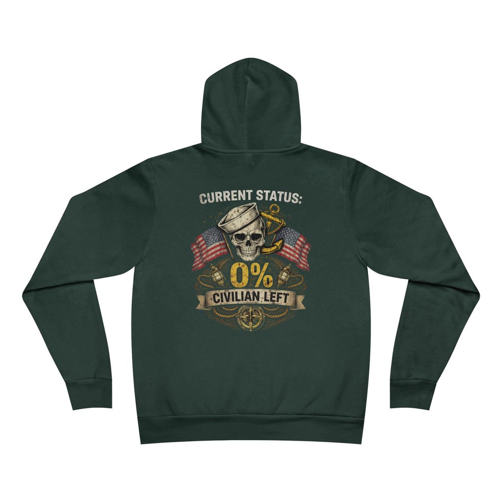 Current Status 0% Civilian Left Hoodie – Navy Skull Military Veteran Graphic Sweatshirt