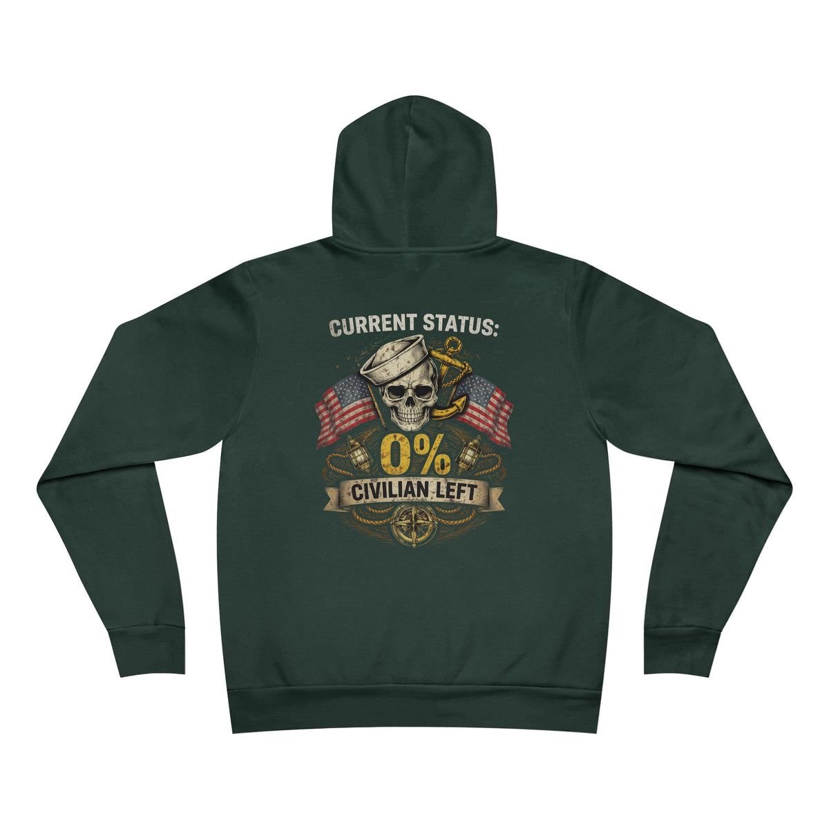 Current Status 0% Civilian Left Hoodie – Navy Skull Military Veteran Graphic Sweatshirt