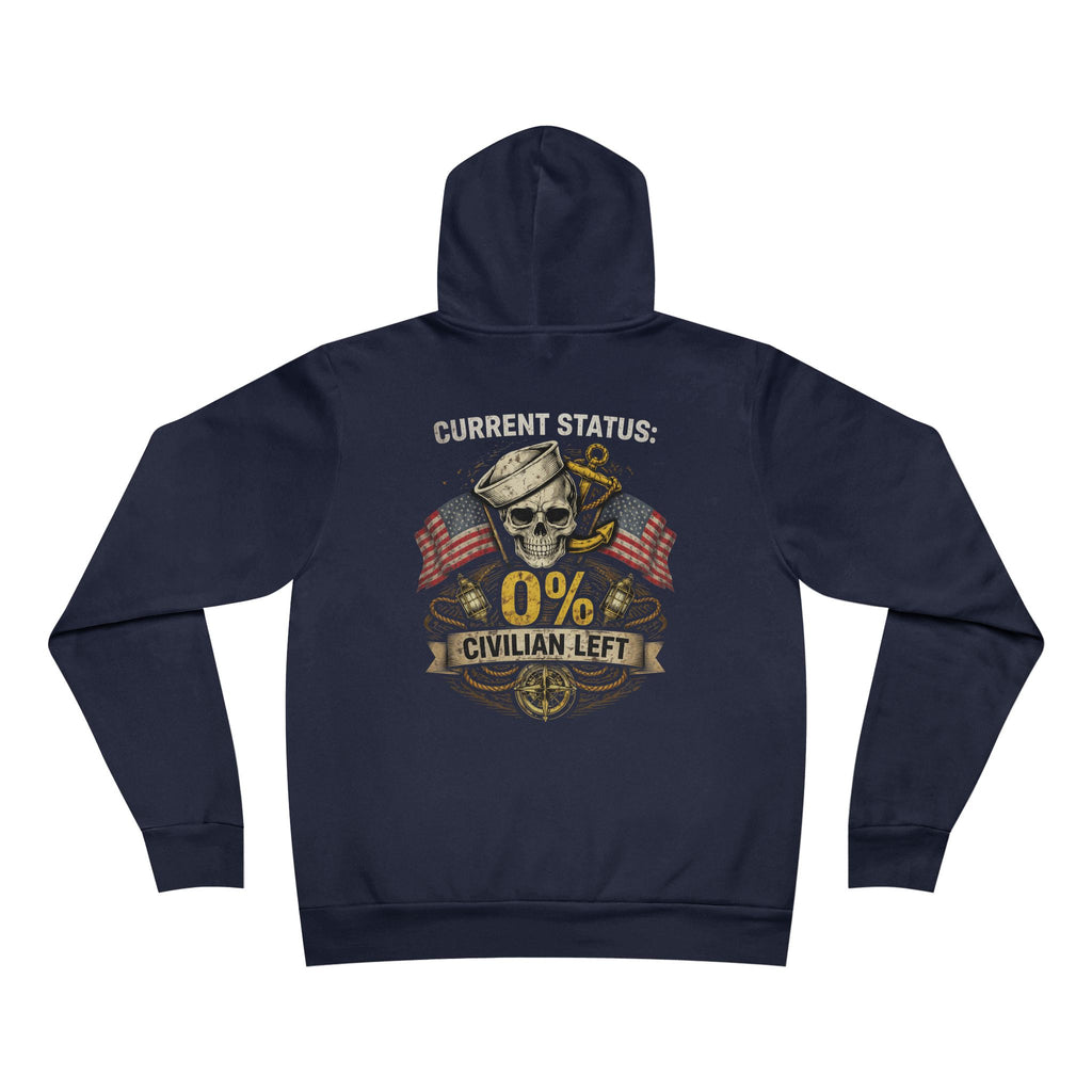 Current Status 0% Civilian Left Hoodie – Navy Skull Military Veteran Graphic Sweatshirt