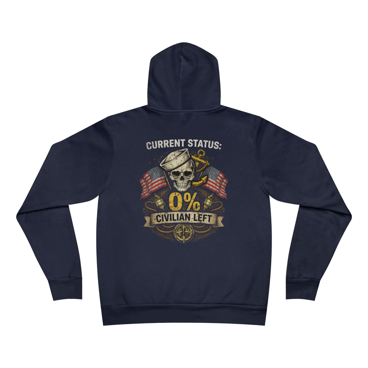 Current Status 0% Civilian Left Hoodie – Navy Skull Military Veteran Graphic Sweatshirt