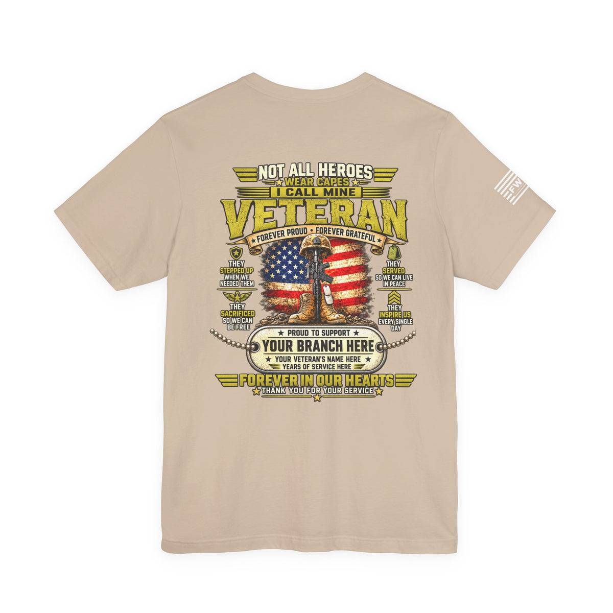Not All Heroes Wear Capes Personalized Veteran T-Shirt – Custom Military Branch, Name & Service Years Support Tee