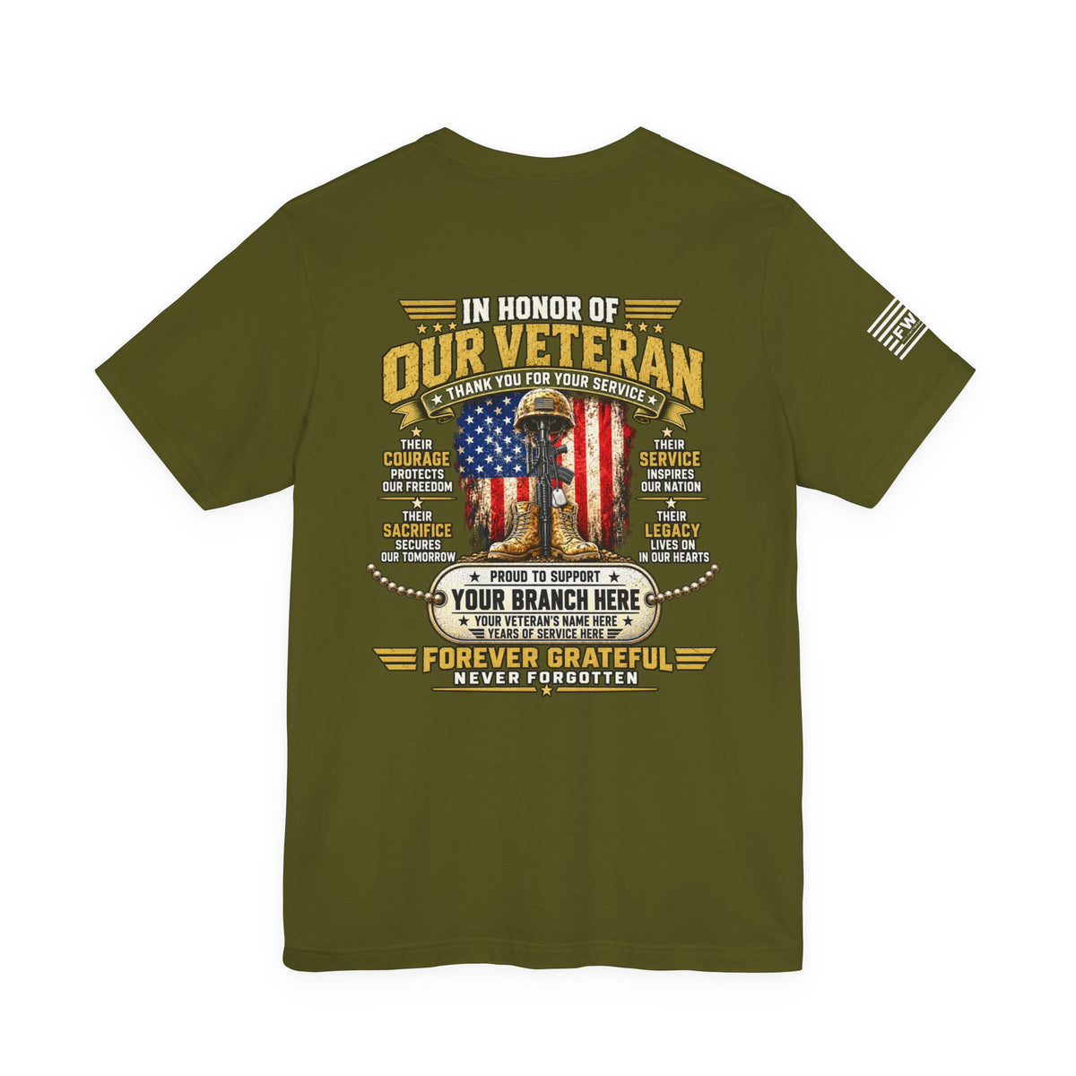 In Honor of Our Veteran Personalized T-Shirt – Custom Military Branch & Veteran Name Support Tee